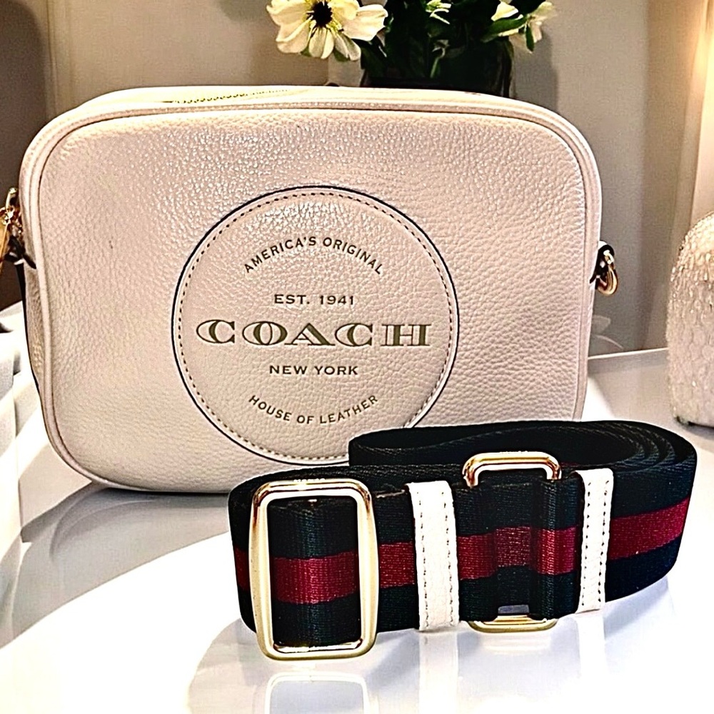 Coach Cream Crossbody Bag with Black and Burgundy Stripe Strap - Picture 12 of 16